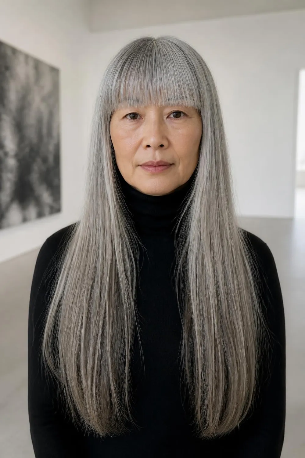 Long straight gray hair with full blunt bangs skimming the eyebrows