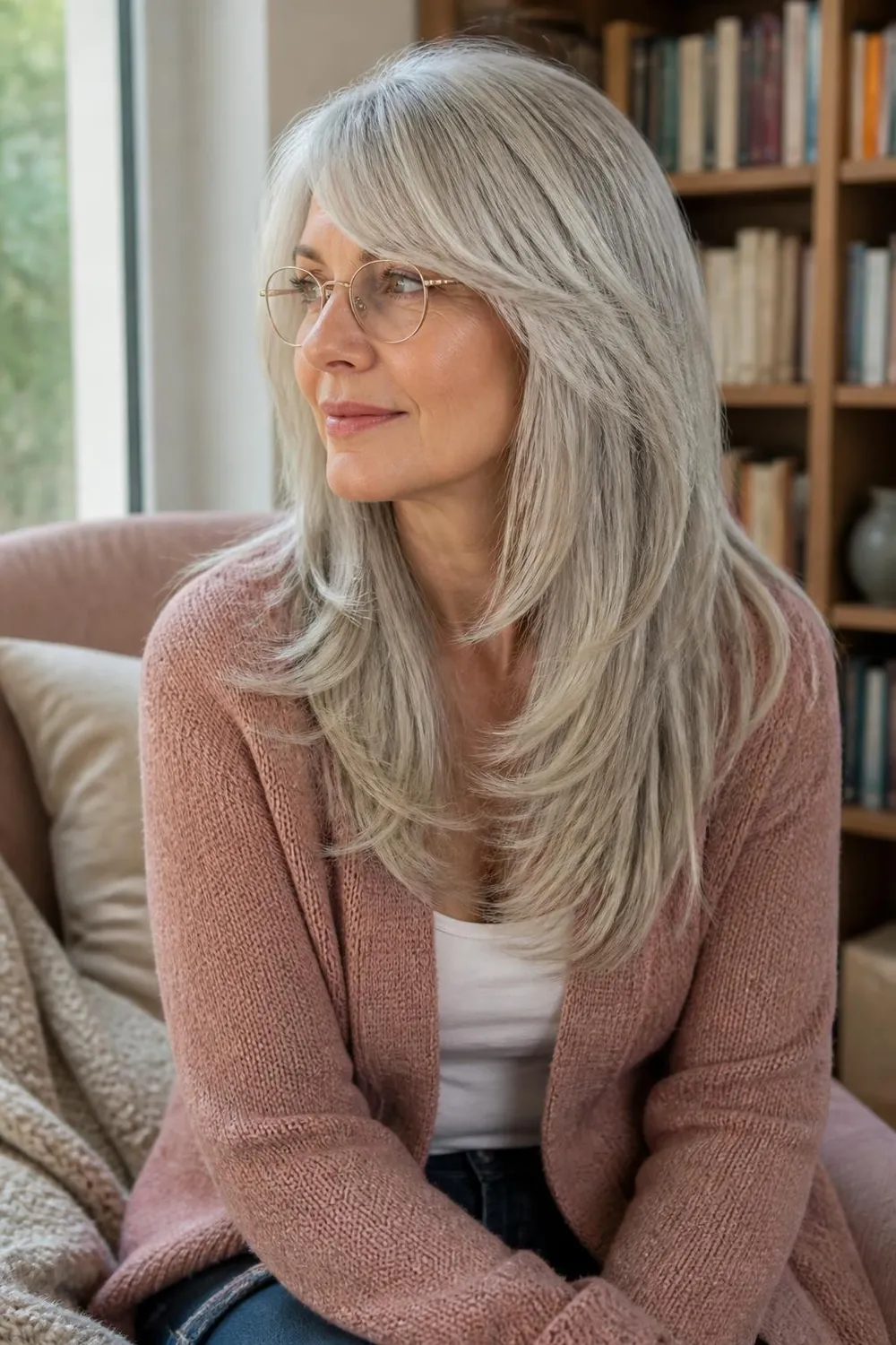 Long silver hair with long side-swept bangs blending into layers