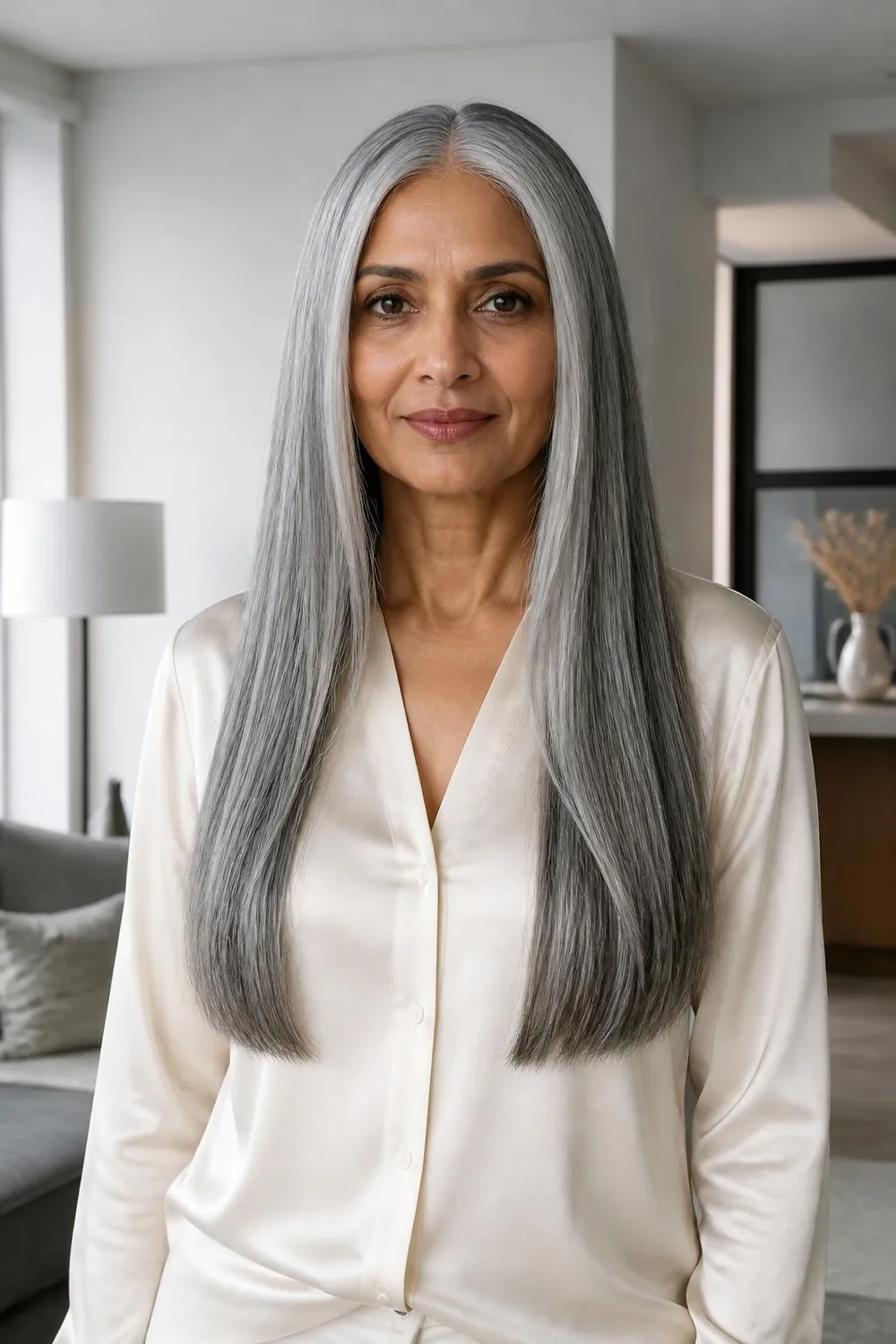 Sleek long gray hair with a middle part and glossy straight lengths