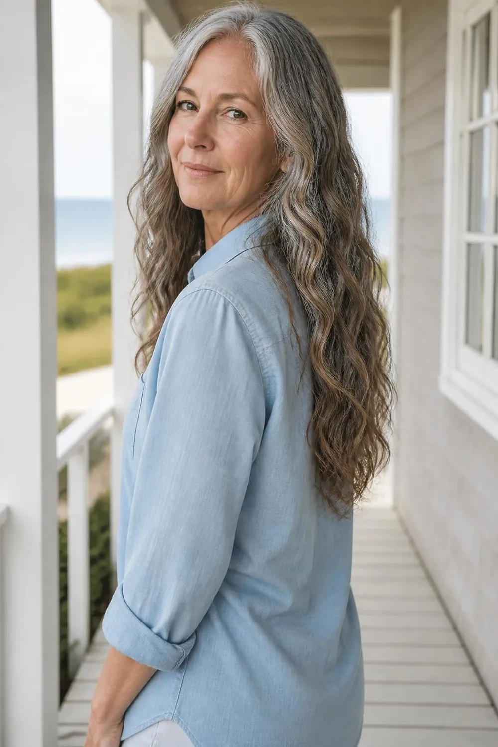 Long salt and pepper hair in soft heatless waves from overnight braids