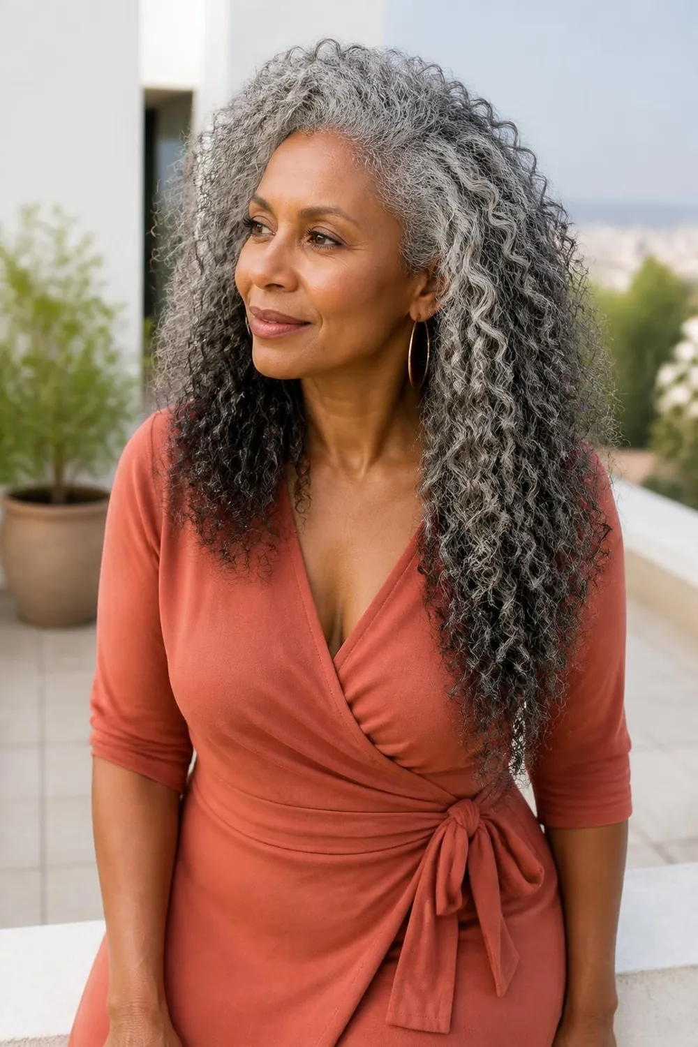 Long curly gray hair diffused for defined curls and fullness