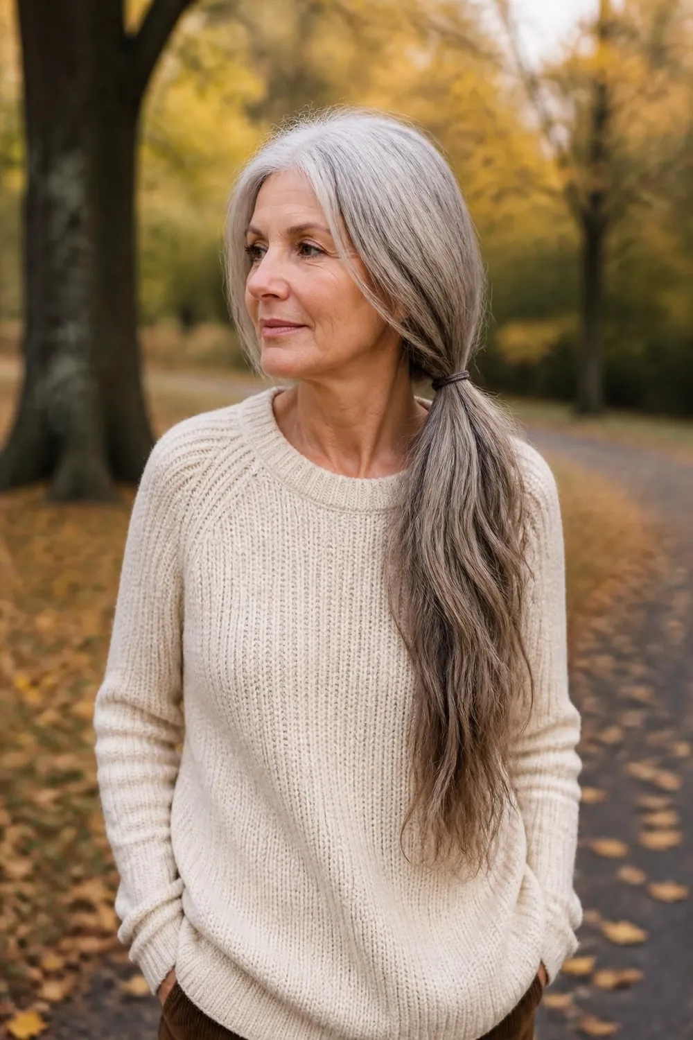 Long gray hair in a low side ponytail draped over one shoulder