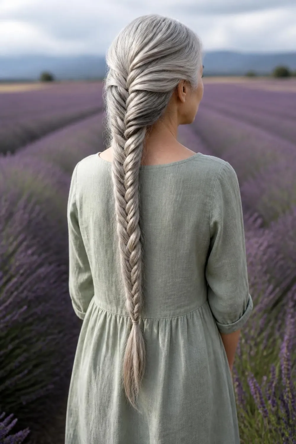 Long silver hair in a loose fishtail braid falling down the back
