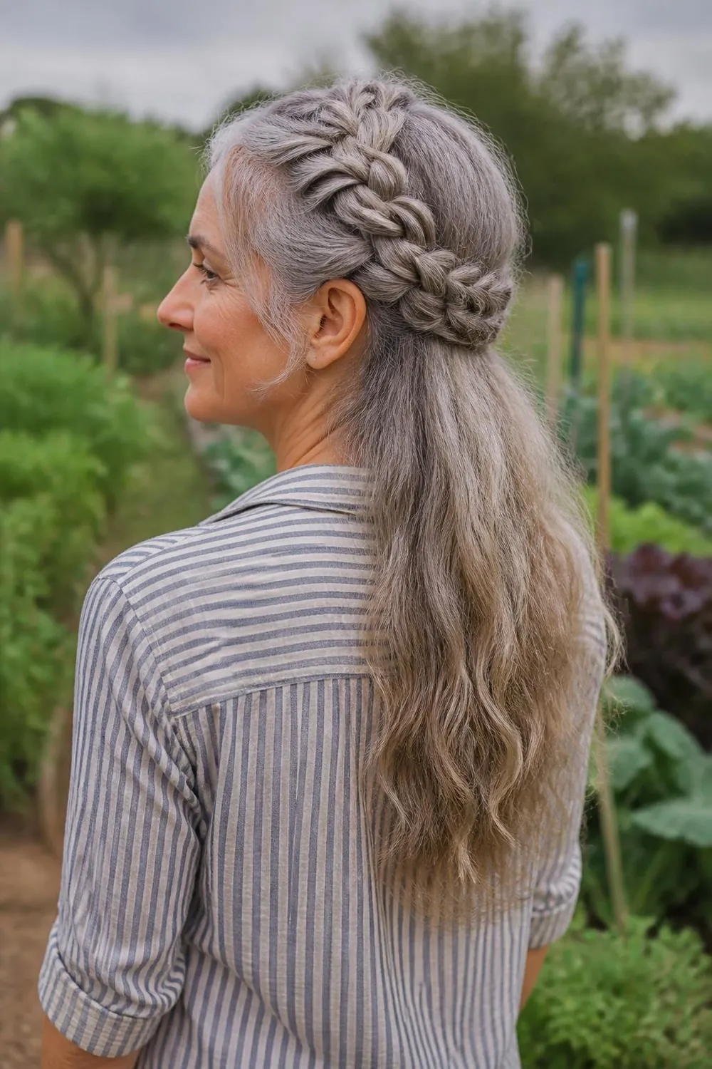 Long gray hair in a Dutch crown braid circling the head
