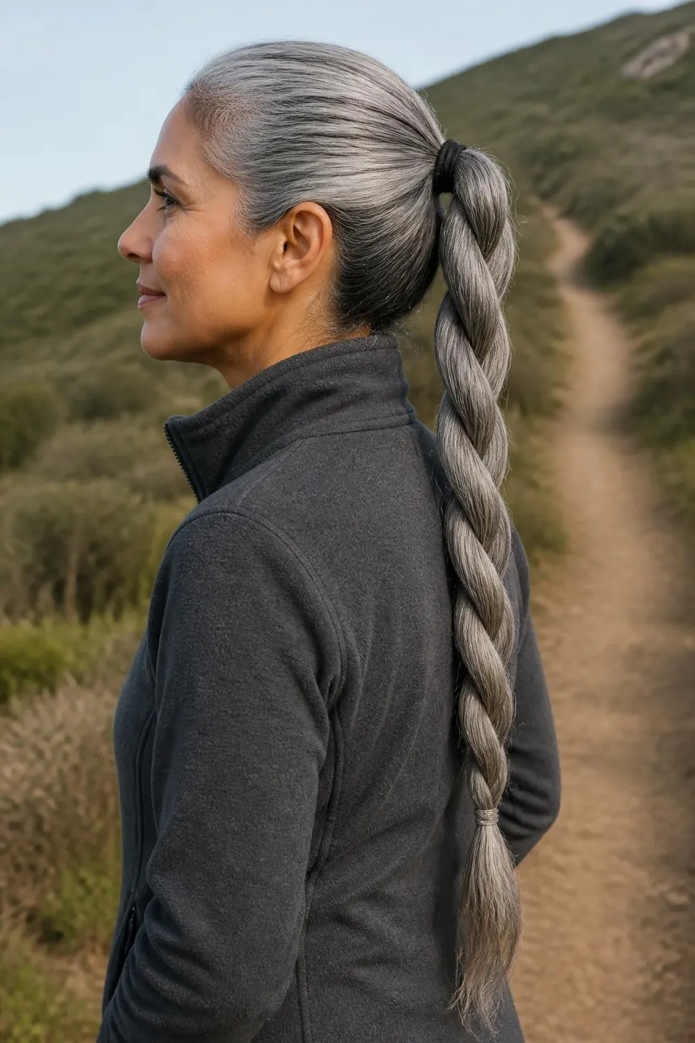 Long silver hair in a mid-height rope twist ponytail