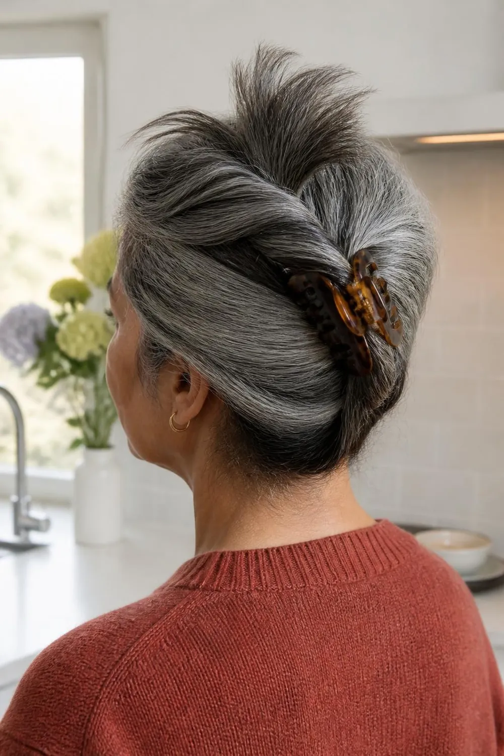 Long gray hair twisted up and secured with a large claw clip