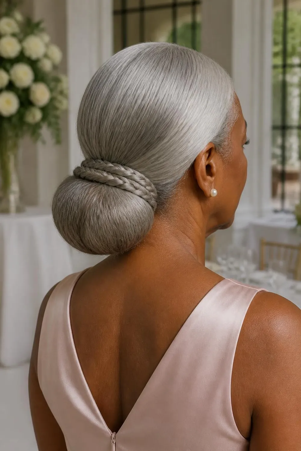 Long silver hair in a low bun wrapped with a thin braid at the base