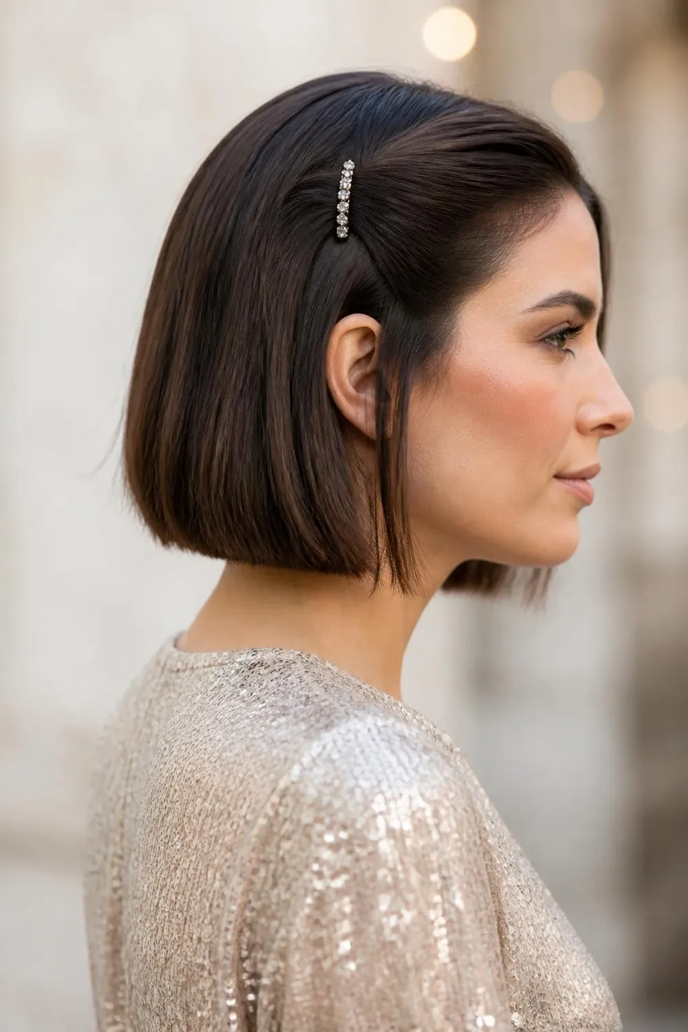 Chin-length bob with a crystal bobby pin above one ear
