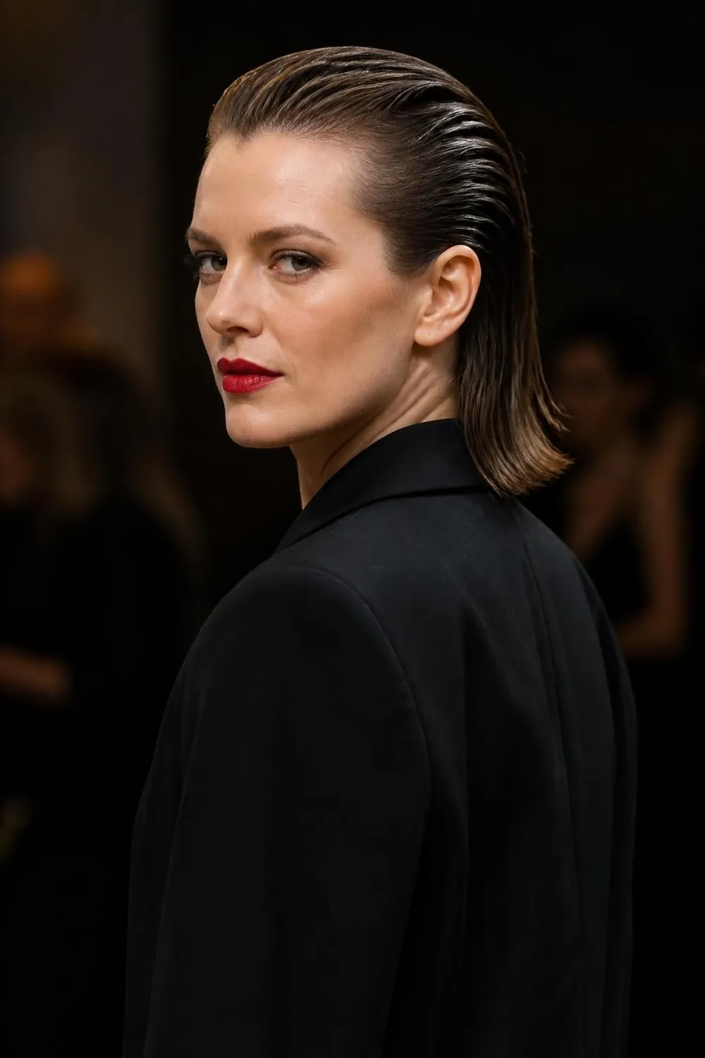 Slicked-back short hair with a wet look gel finish for a party