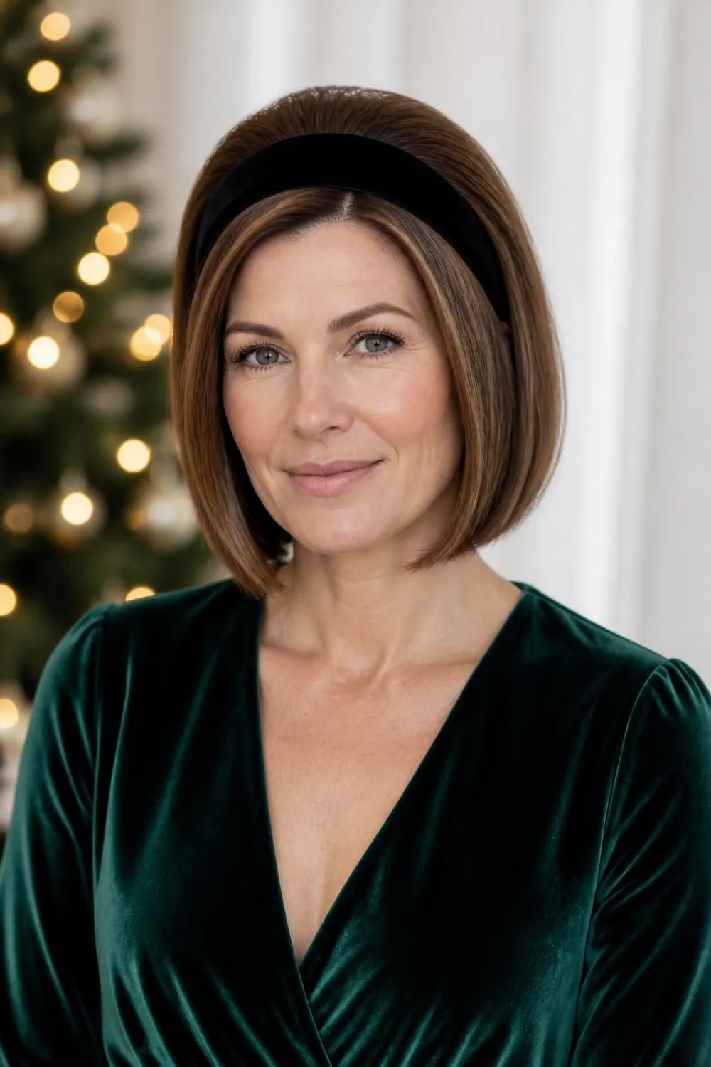 Short bob styled with a wide black velvet headband for New Year's Eve