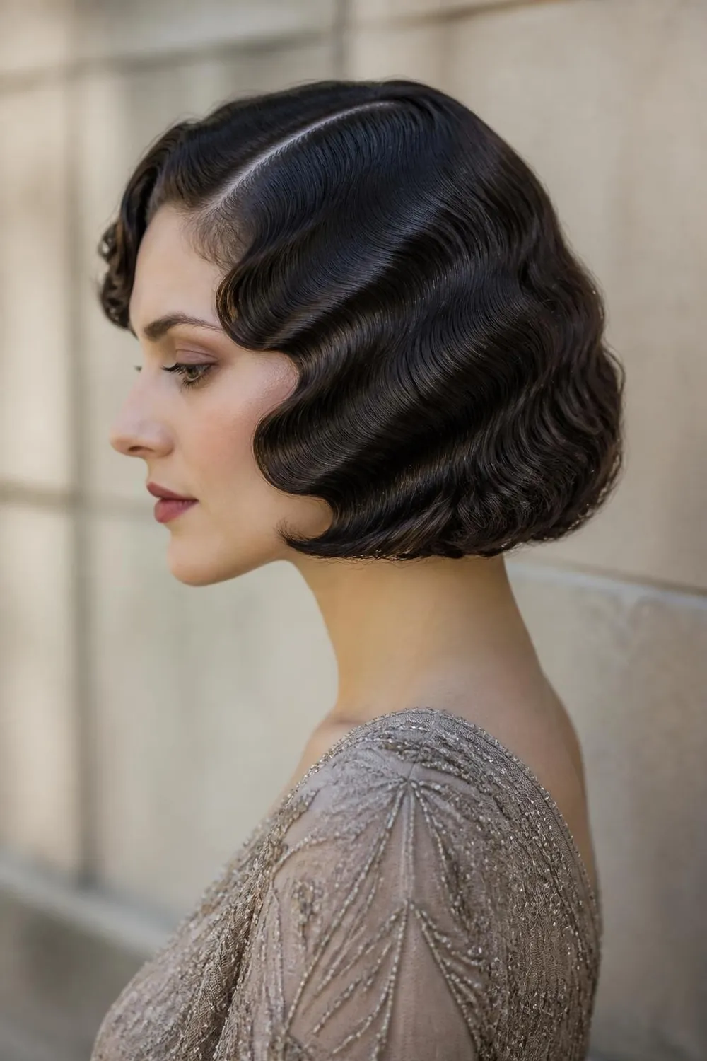Short bob with sculpted vintage finger waves for a 1920s party look