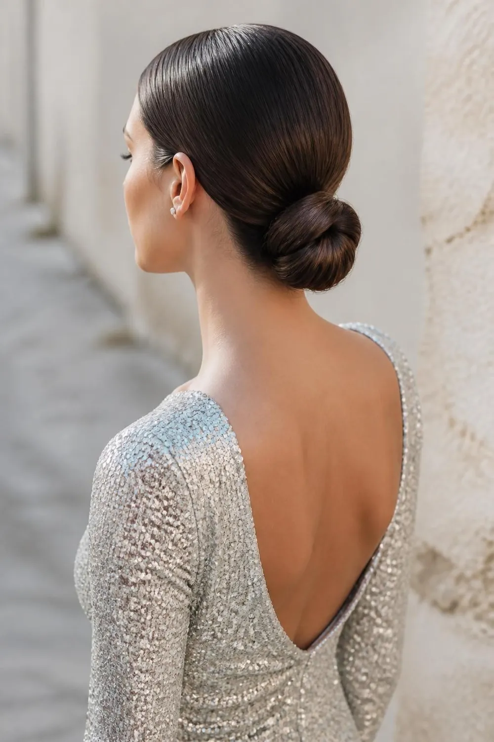Sleek low bun with a sharp center part and glossy finish