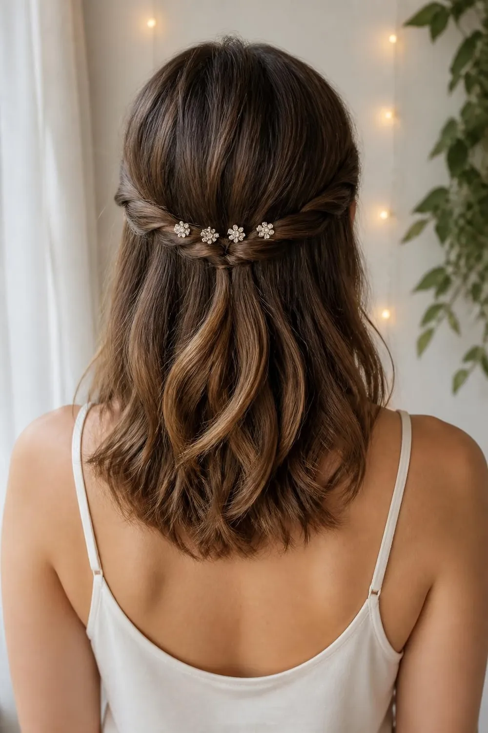Medium length hair in a half-up twist decorated with sparkly clips