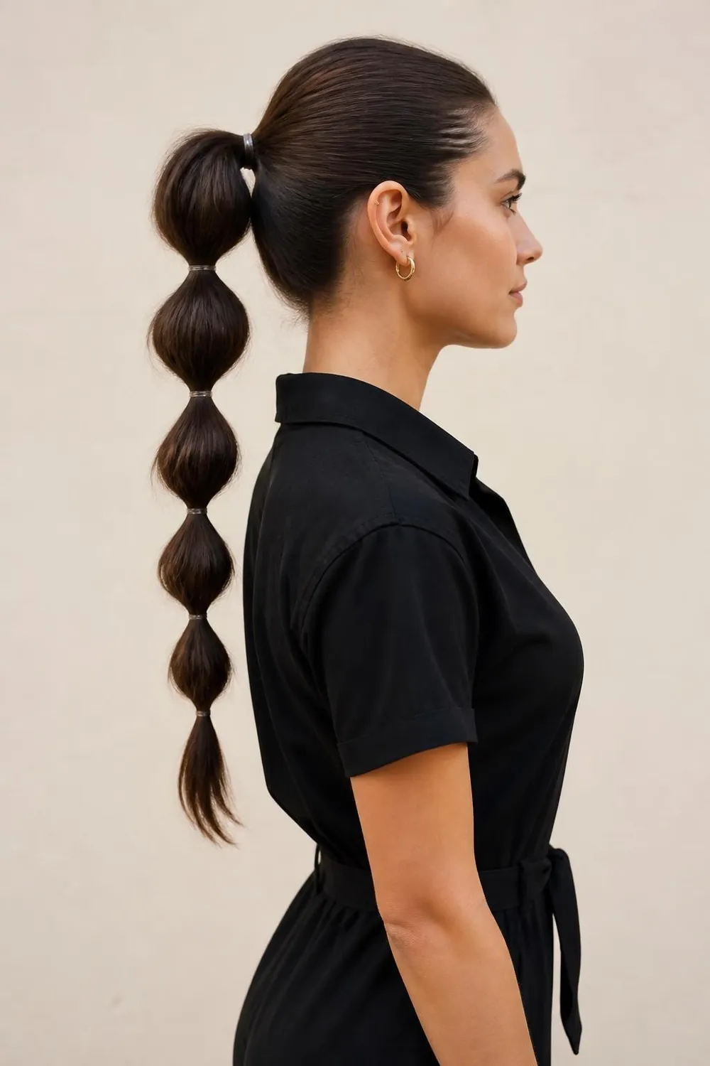 Medium length bubble ponytail with small sections tied along the length