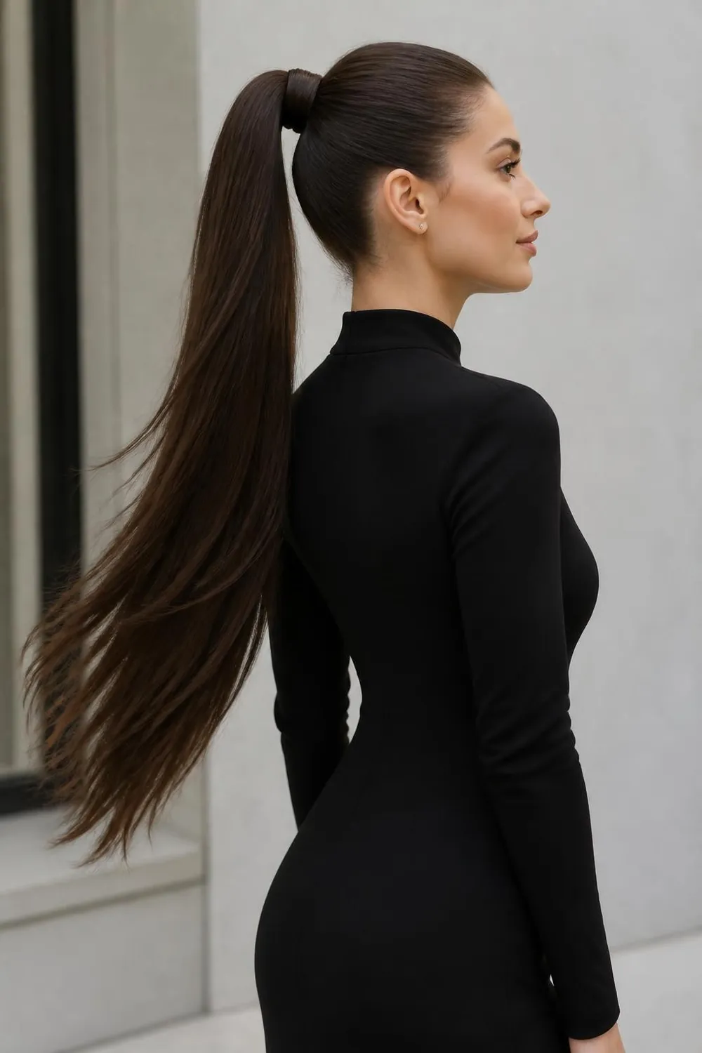Long high sleek ponytail with the base wrapped in hair