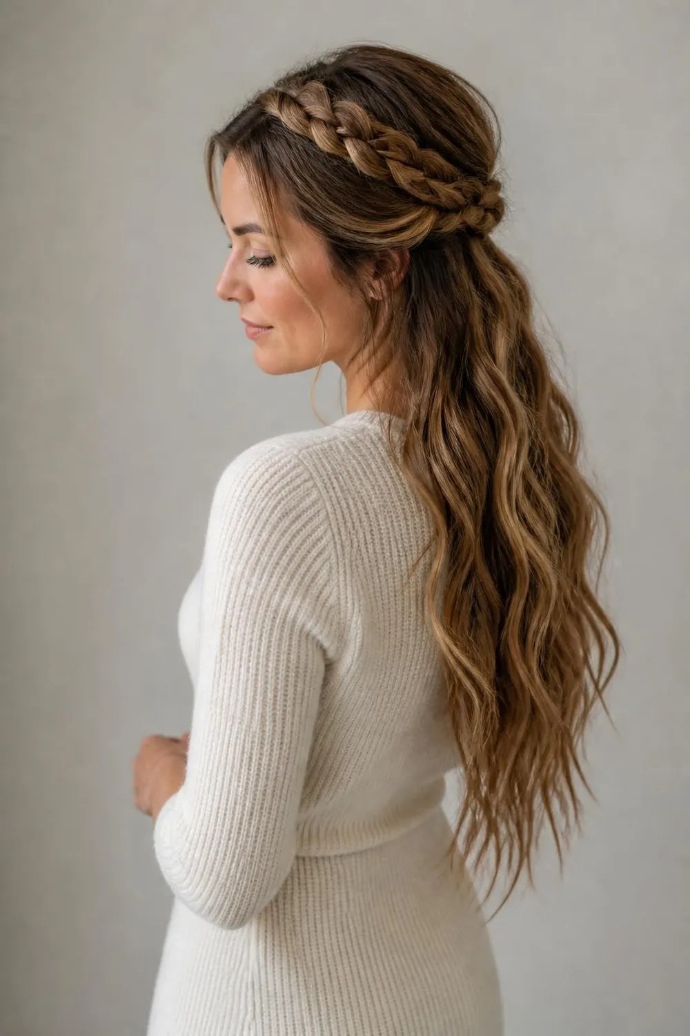 Long hair in a braided crown wrapped around the head with soft pieces