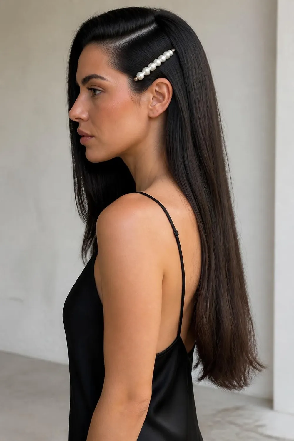 Long straight hair with a deep side part held by a large pearl barrette