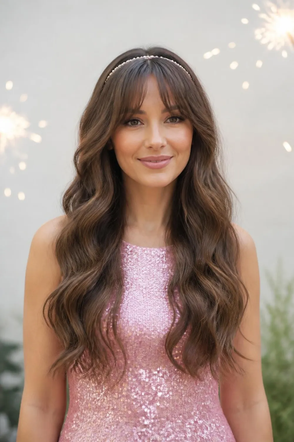 Long waves with curtain bangs and a thin glittering headband