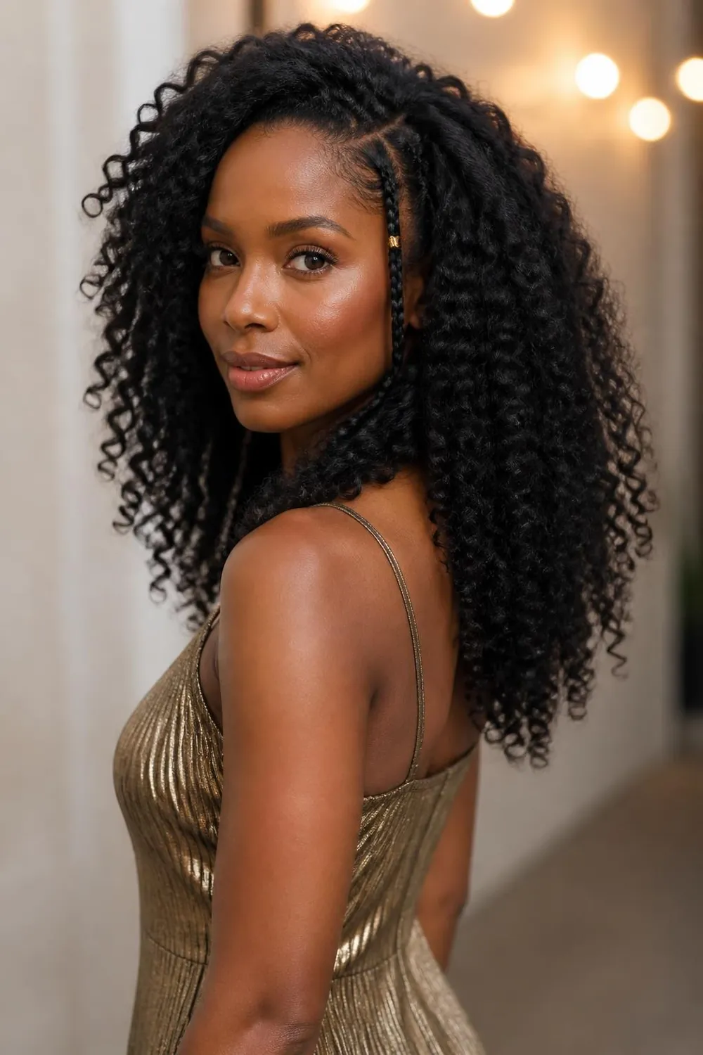 Defined natural curls with a gold hair cuff on one small braid