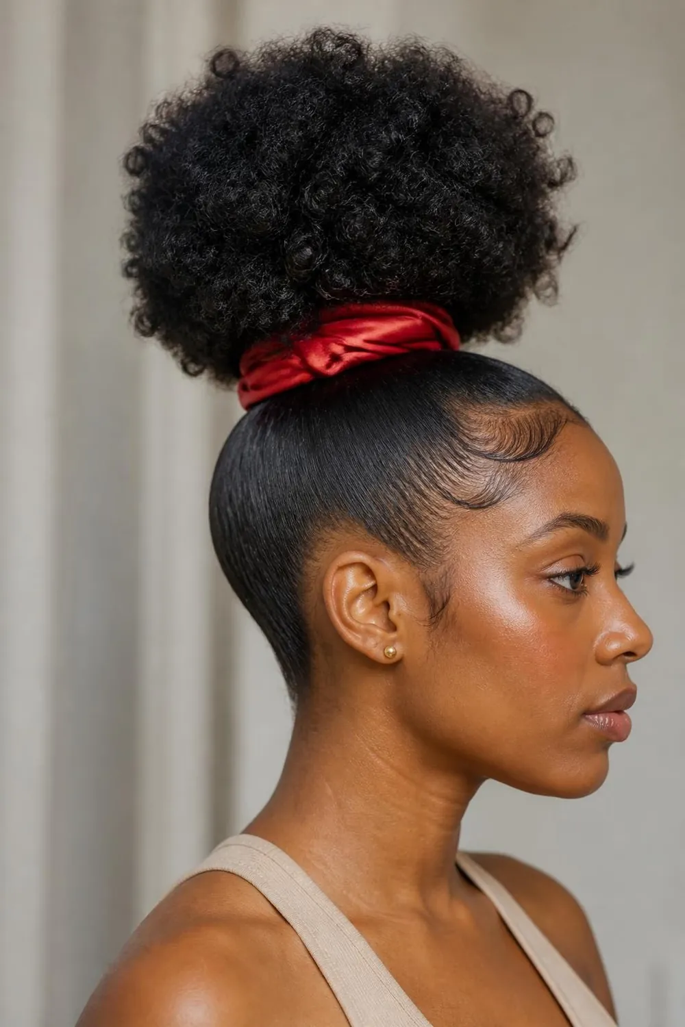 High curly puff on natural hair with edges smoothed and a satin scarf