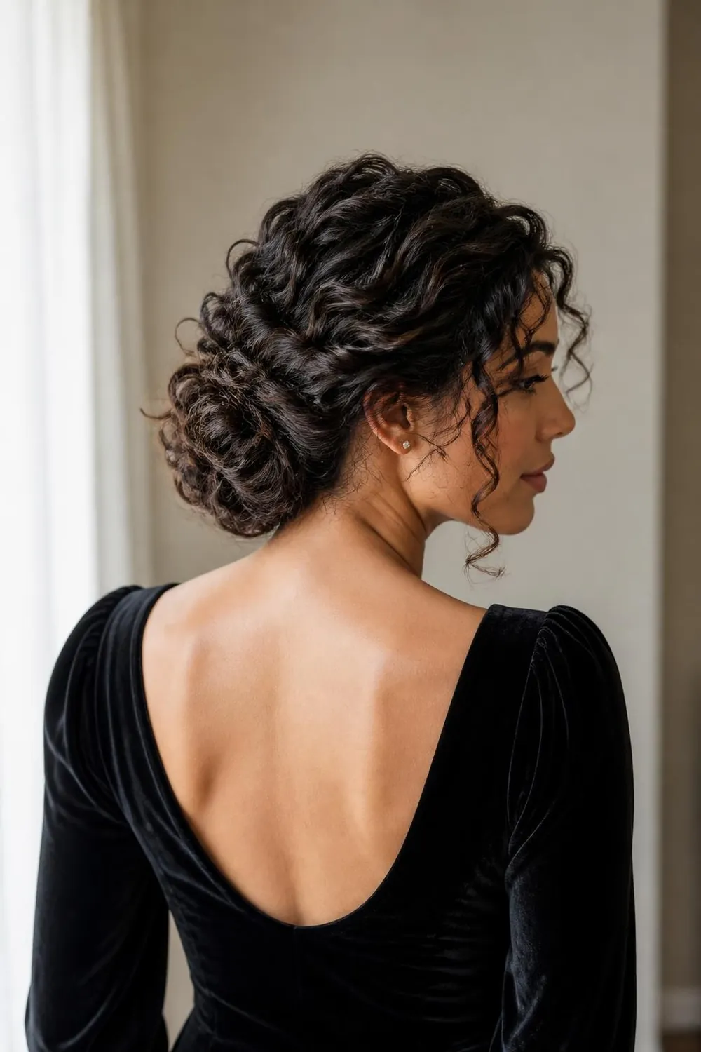 Twisted updo on curly hair with ringlets left out around the face