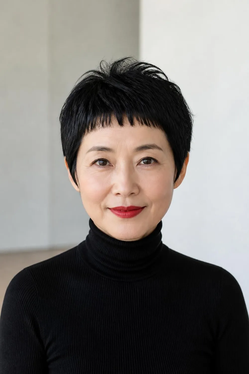 Pixie cut with very short micro bangs for a bold artistic look over 50