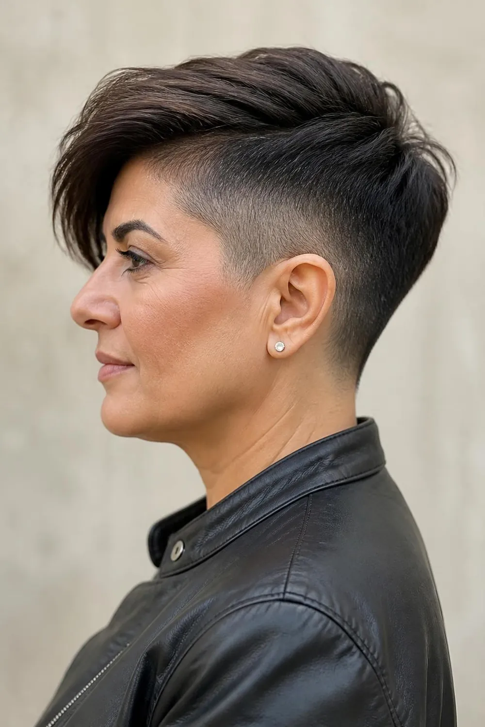 Pixie with clipper-short sides and nape and a longer top for women over 50