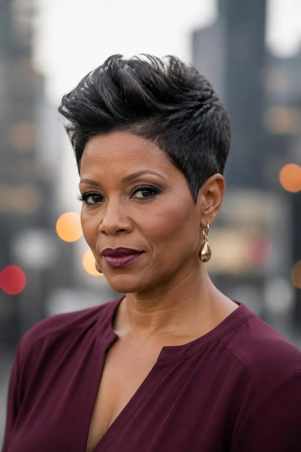 Soft faux hawk pixie with a lifted center and smooth sides for women over 50