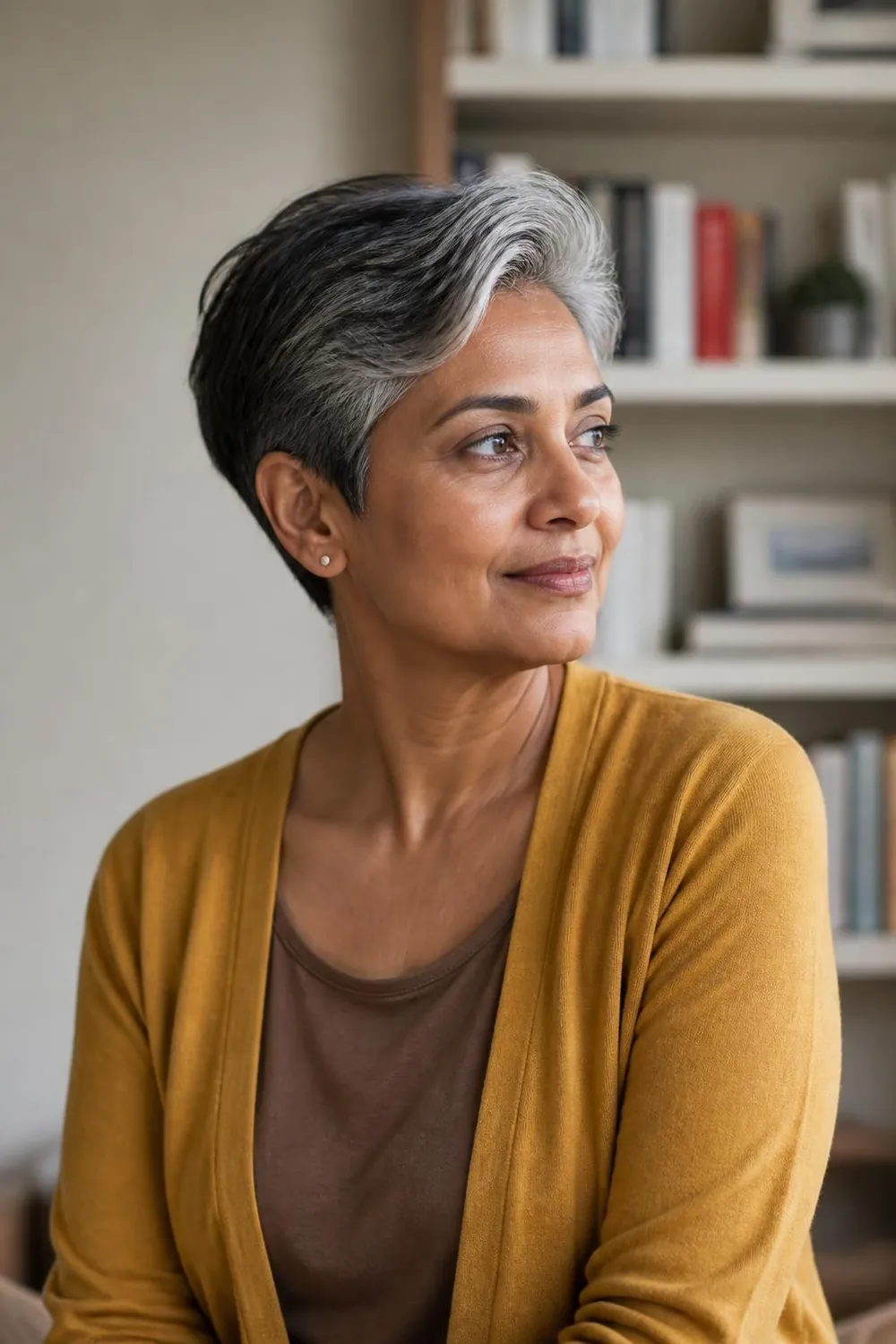 Salt-and-pepper pixie with natural gray and dark strands for women over 50