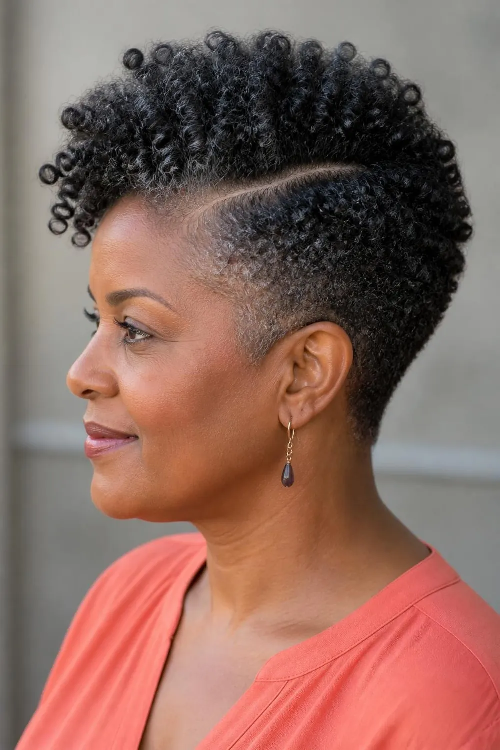 Coily pixie with a sculpted side part on natural 4B hair for Black women over 50