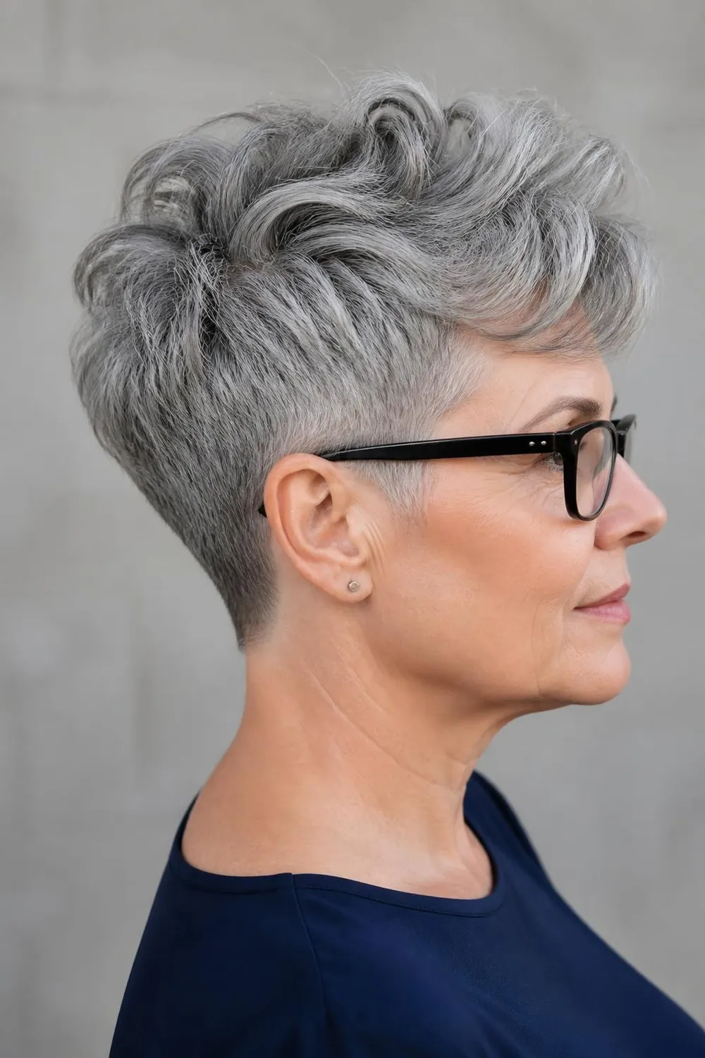 Short-sided pixie with tapered sides above the ears for women over 50 with glasses