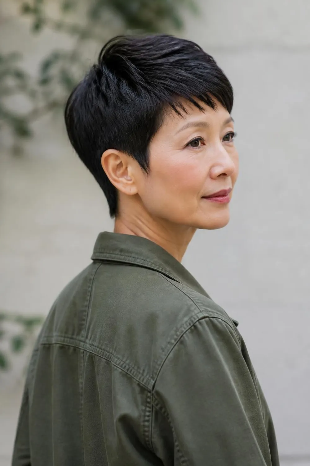Pixie cut with weight removed from thick dark hair for women over 50