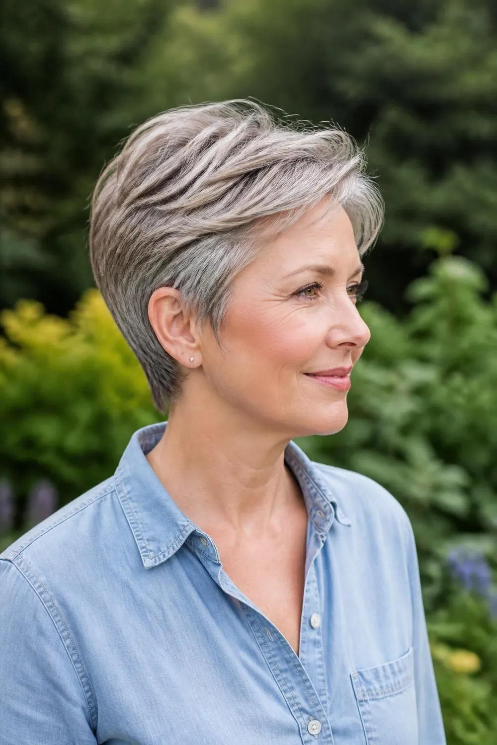 Gray pixie with soft darker lowlights for depth on a woman over 50