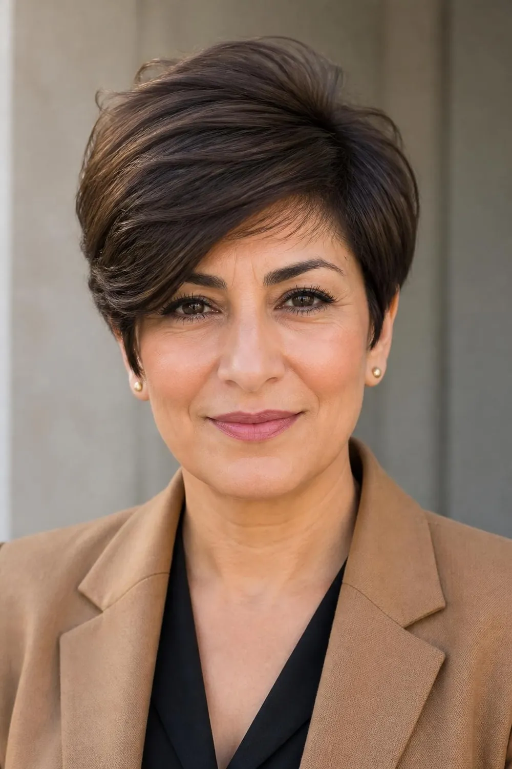 Classic side-swept pixie with a deep side part for women over 50