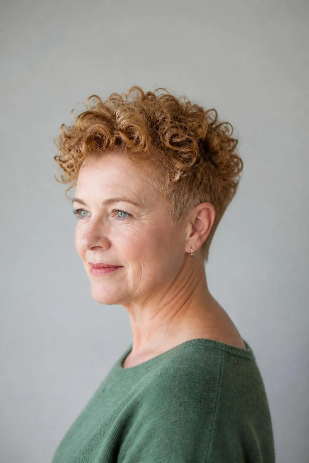 Diffused curly pixie with defined 3A curls on top for women over 50