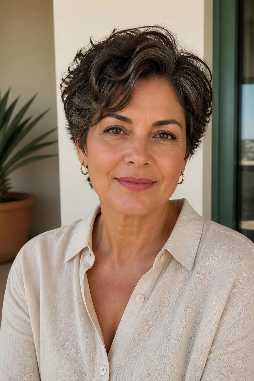 Wavy pixie with loose bends and tousled texture on a woman in her 50s