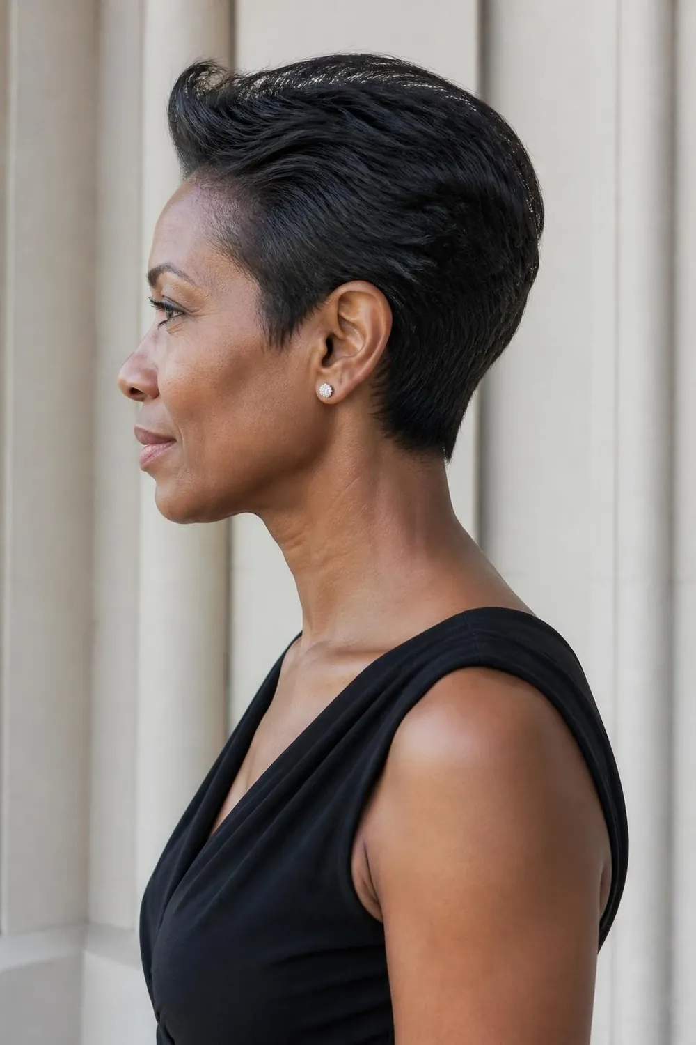 Sleek tucked pixie smoothed behind the ears for a polished look over 50