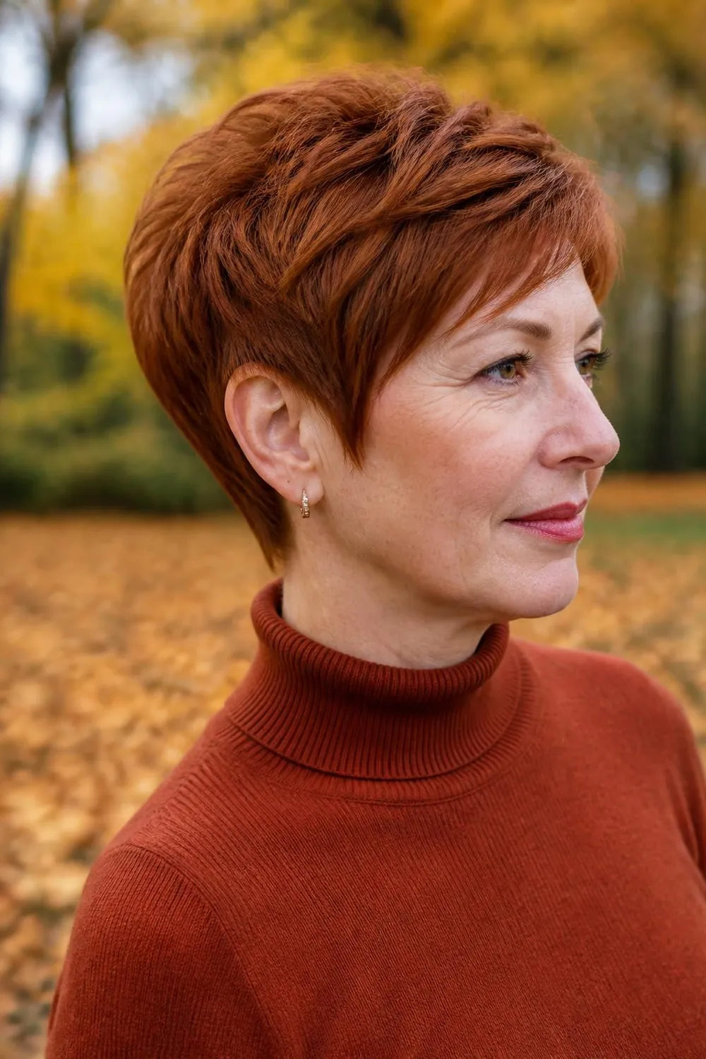 Warm auburn pixie with soft layers on a woman over 50