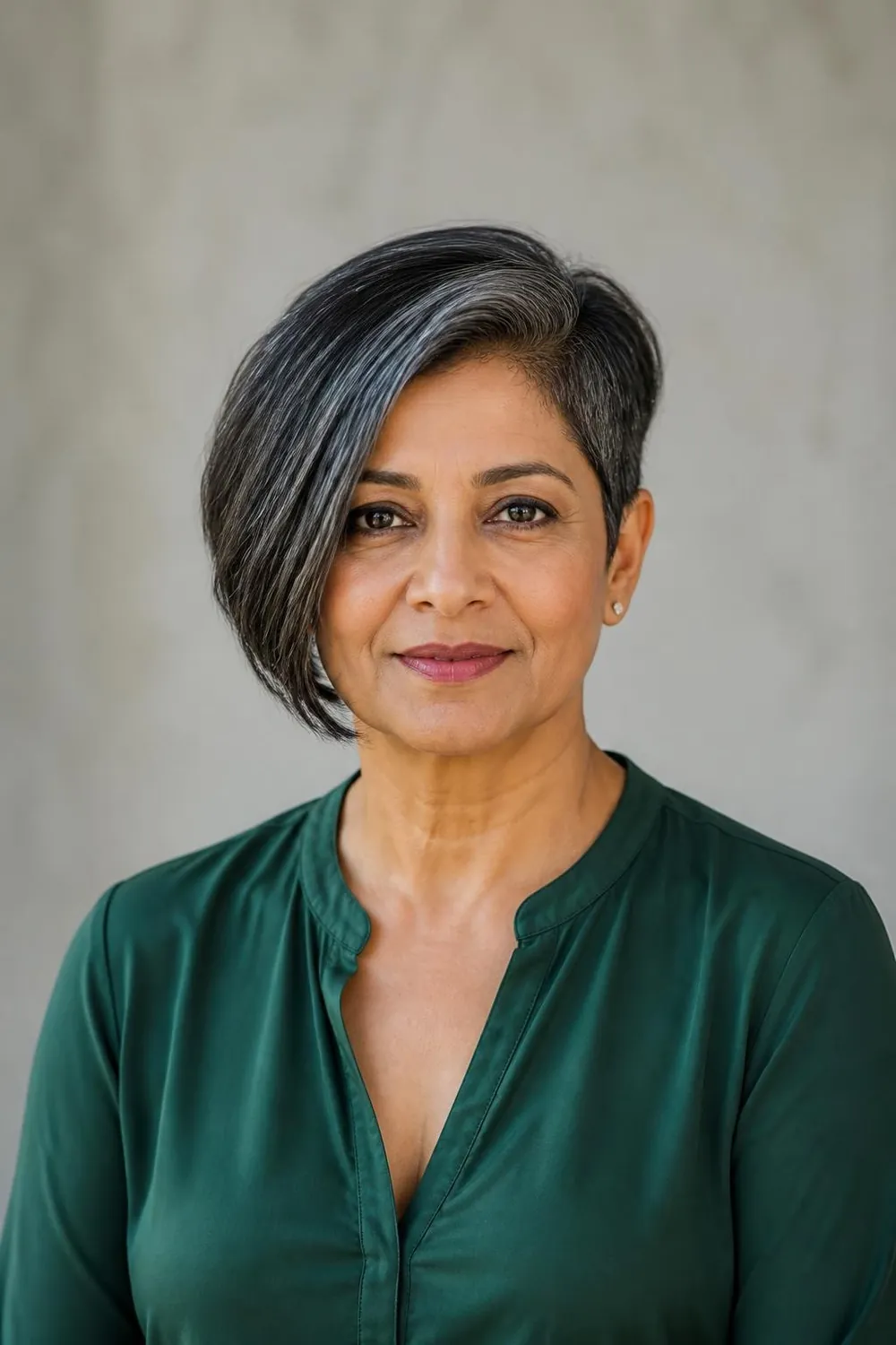 Asymmetrical pixie with one longer side falling toward the cheek for women over 50
