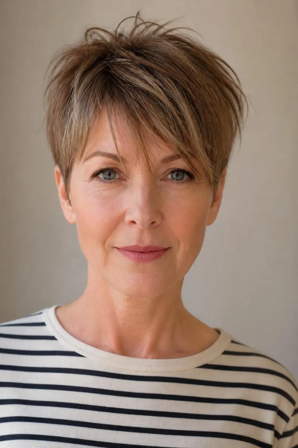 Pixie with a long choppy fringe falling over the forehead for women over 50