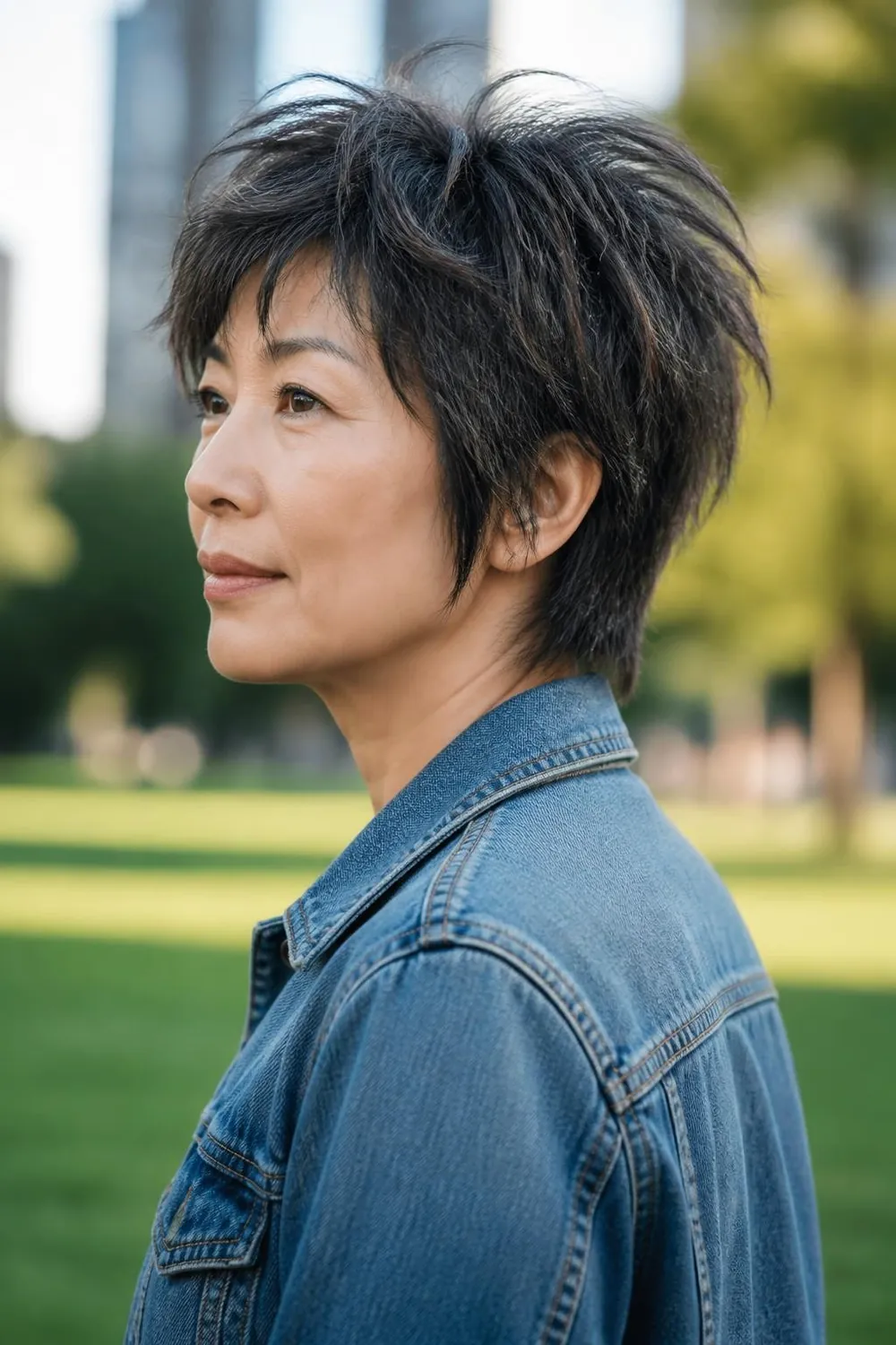 Shaggy pixie with uneven choppy layers and tousled texture for women over 50