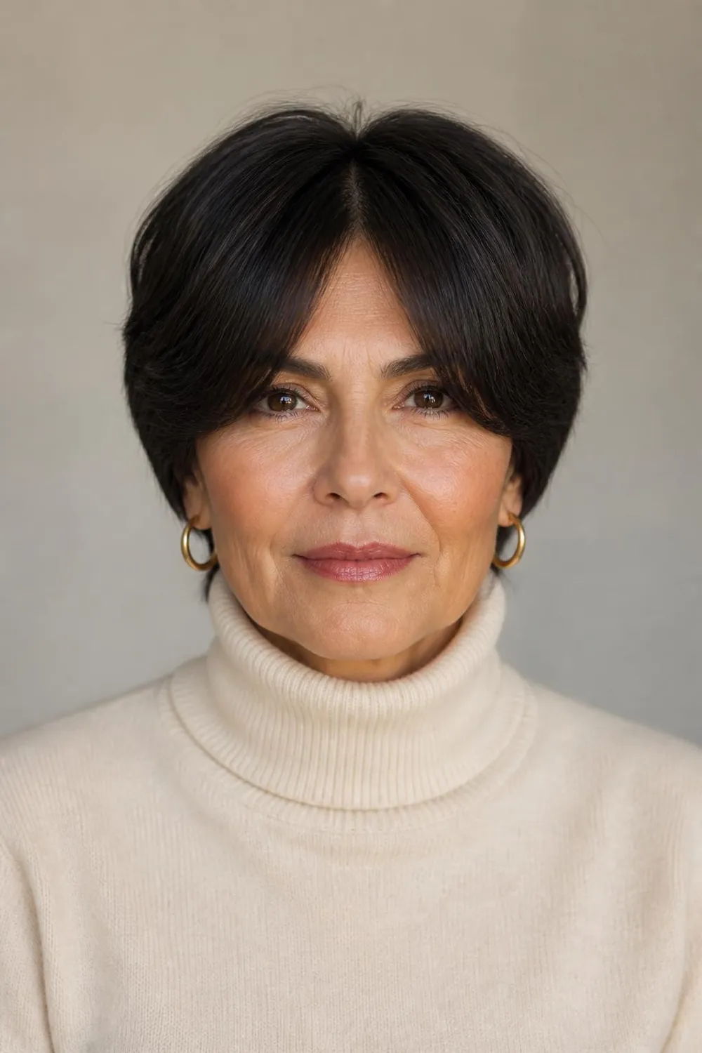 Longer pixie with a center-parted curtain fringe for women over 50