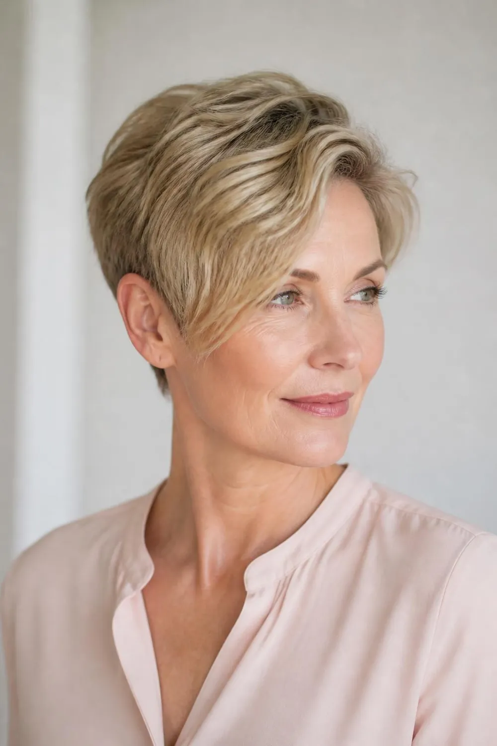 Long pixie with a deep side part and ear-covering length for women over 50