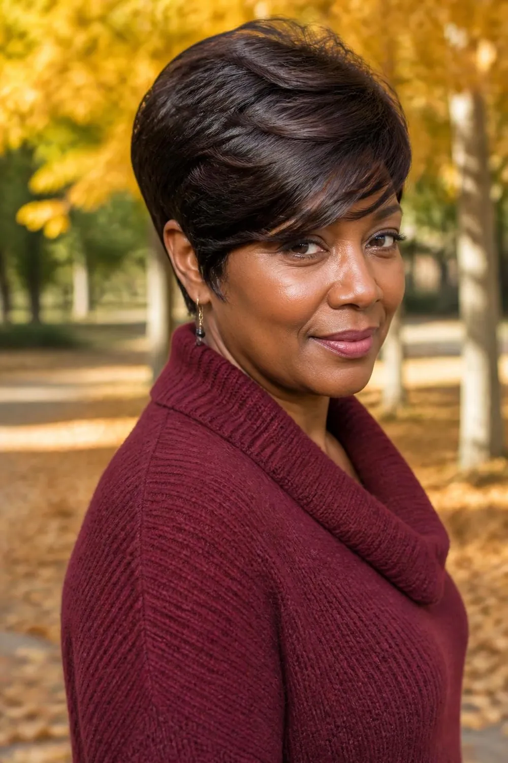 Rich espresso brown pixie with a glossy finish for fall on a woman over 50