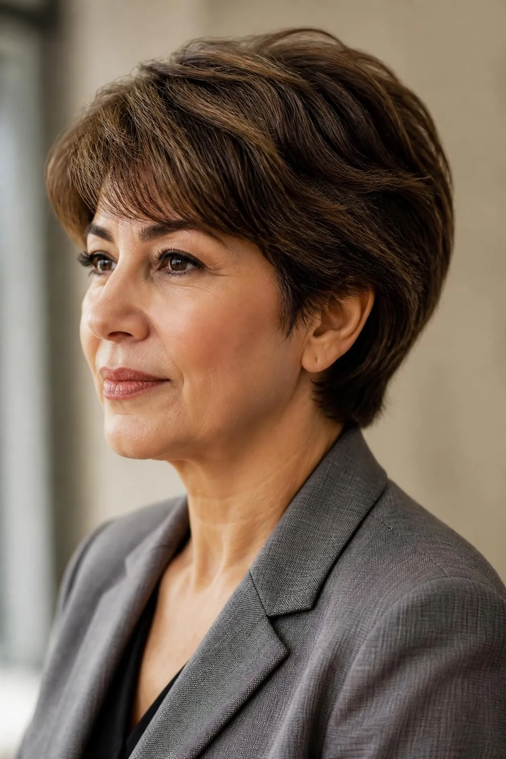 Soft bixie cut blending a pixie and a bob with ear-length sides for women over 50