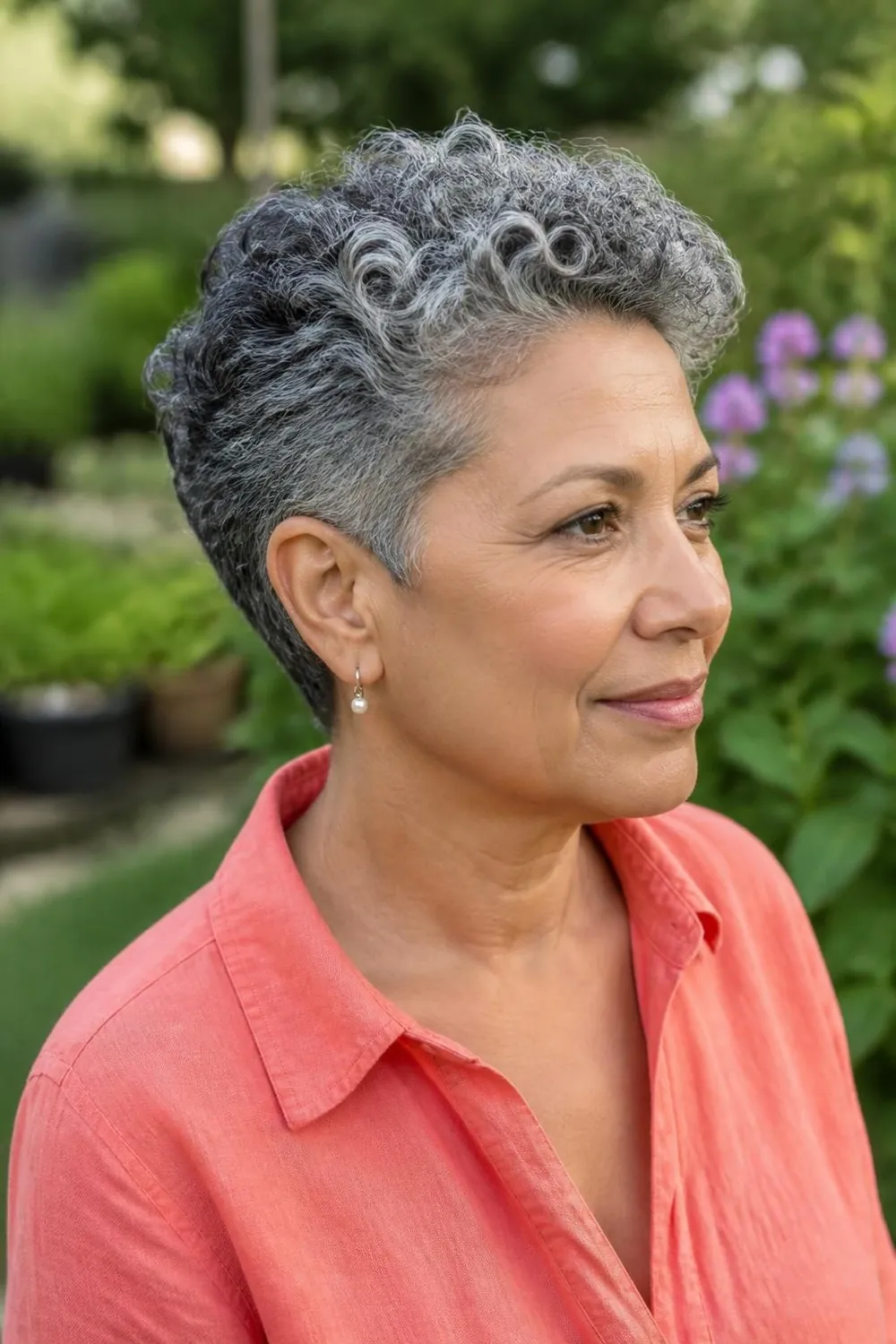 Short natural gray curls after a big chop removing old dyed ends