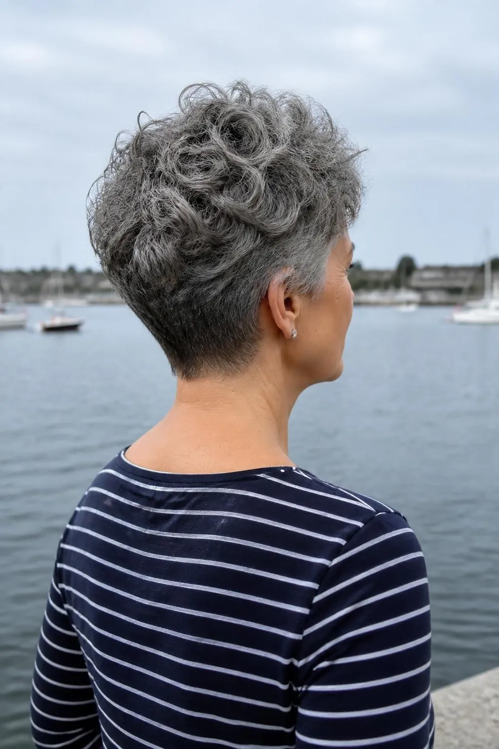 Tapered curly gray pixie with short nape and fuller curls on top