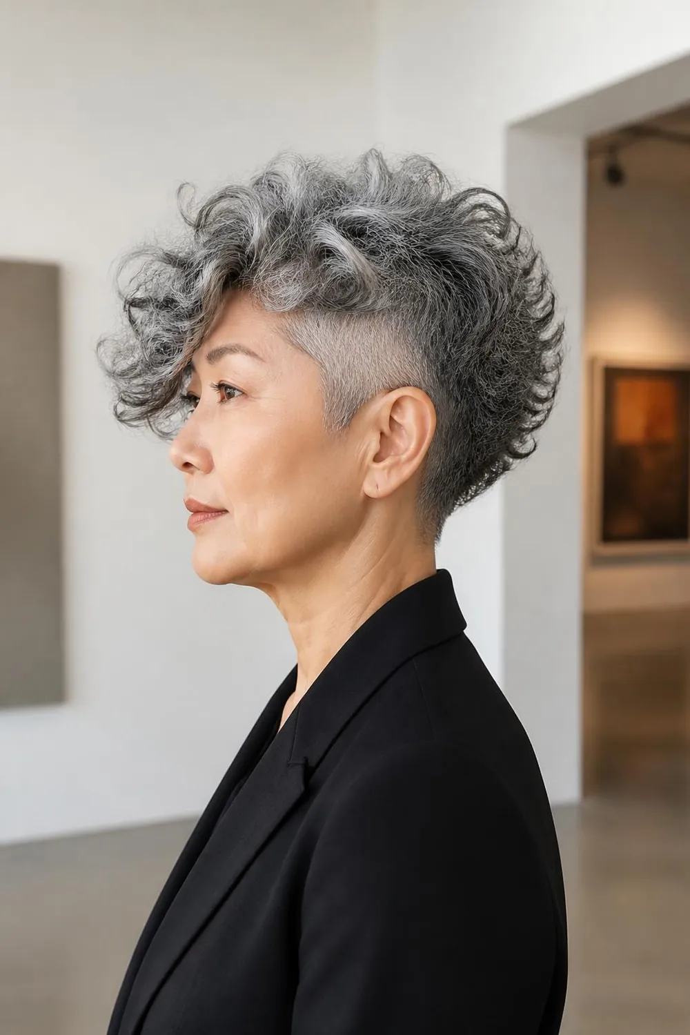 Curly gray pixie with a short undercut above one ear