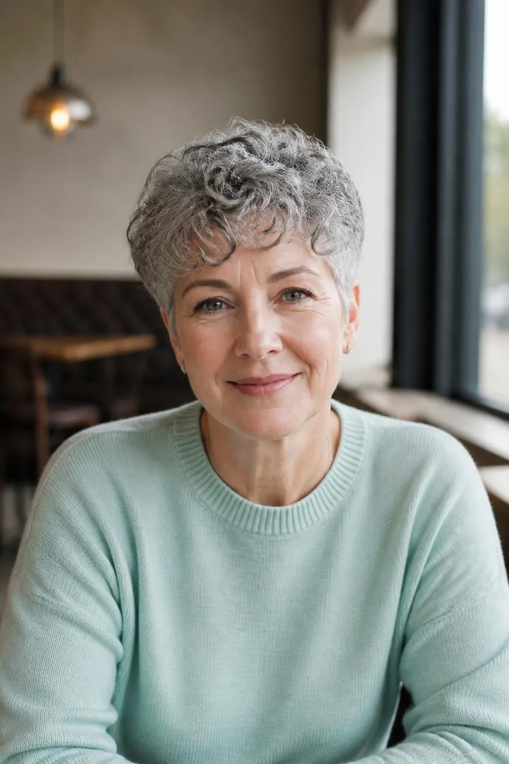 Short curly gray crop with curls swept forward into a soft fringe