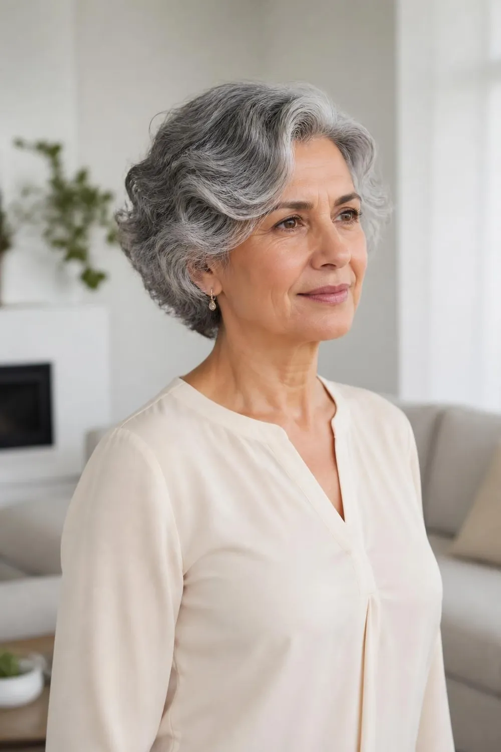 Loose wavy gray pixie with soft S-shaped bends around the face